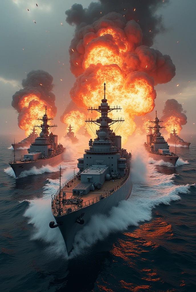 High-resolution photo of a naval battle between China and the United States, featuring modern warships, missile launches, and intense sea skirmishes, with dramatic lighting and a turbulent ocean backdrop, masterpiece, best quality, 4k, realistic style, dynamic lighting, depth of field, detailed ships, detailed battle scene.