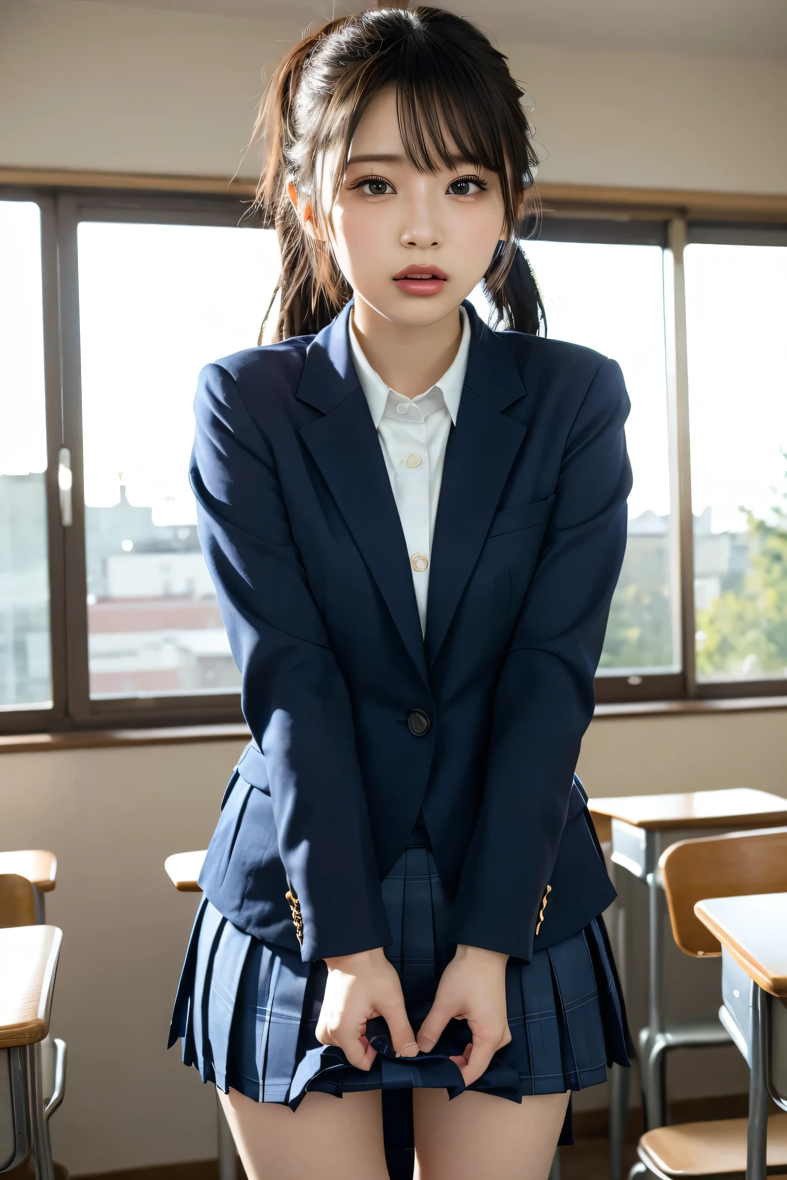 1girl,leaning forward,Perfect hands,(panty pull),school uniform,ponytail,Navy blue blazer,pleated skirt,tongue out,Looking Down and Sleepy,school background,warm sunset lighting,bright and energetic atmosphere,detailed face,beautiful detailed eyes,beautiful detailed lips,extremely detailed eyes and face,long eyelashes,photorealistic,8k,best quality,masterpiece,highly detailed,vibrant colors,cinematic lighting,soft focus
