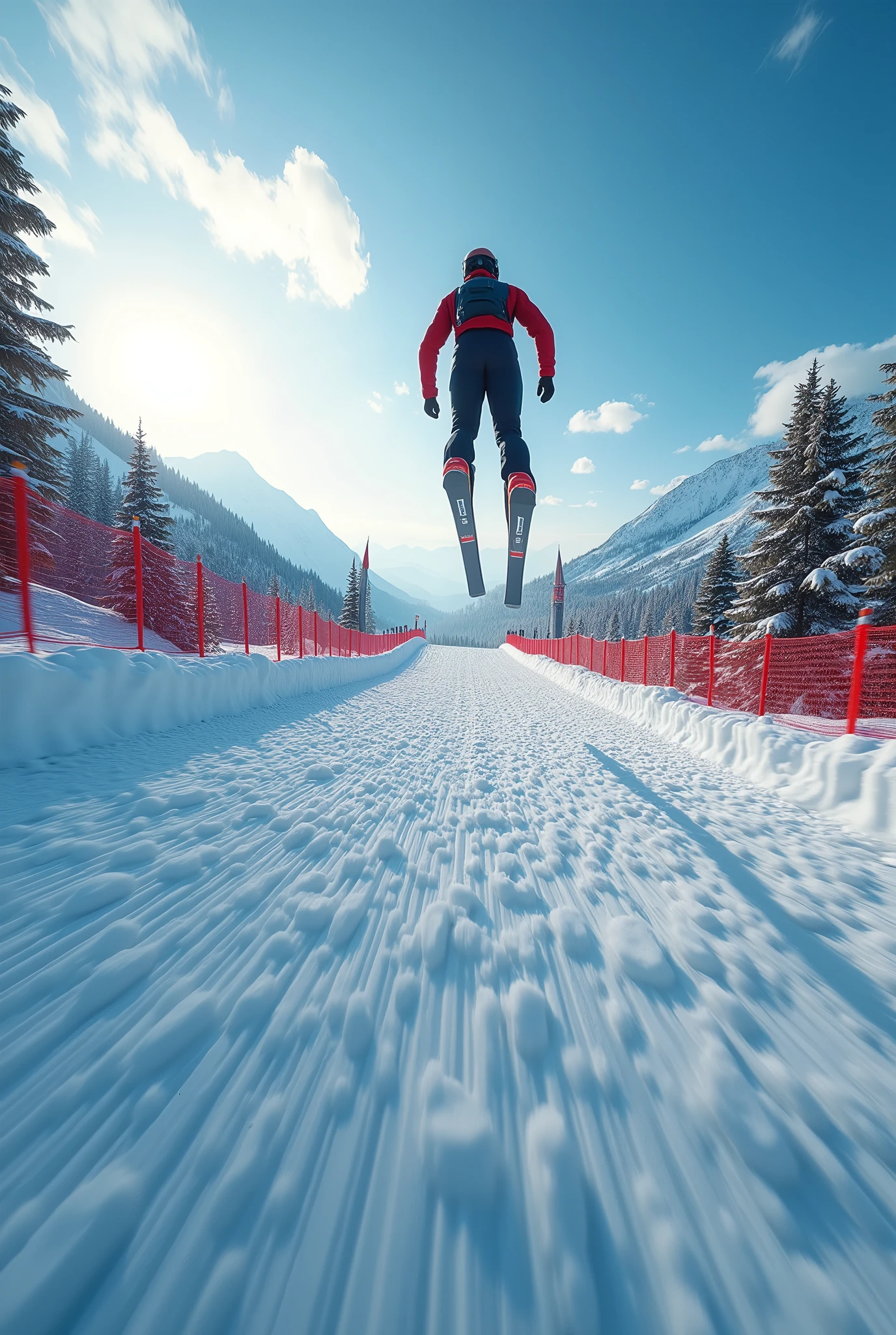 8k、16k,Swoop,Nordic ski jumping, ski jumping platform,Glide,( Athlete's Perspective ),( motion blur :2.0 ),Shot with go pro hero8