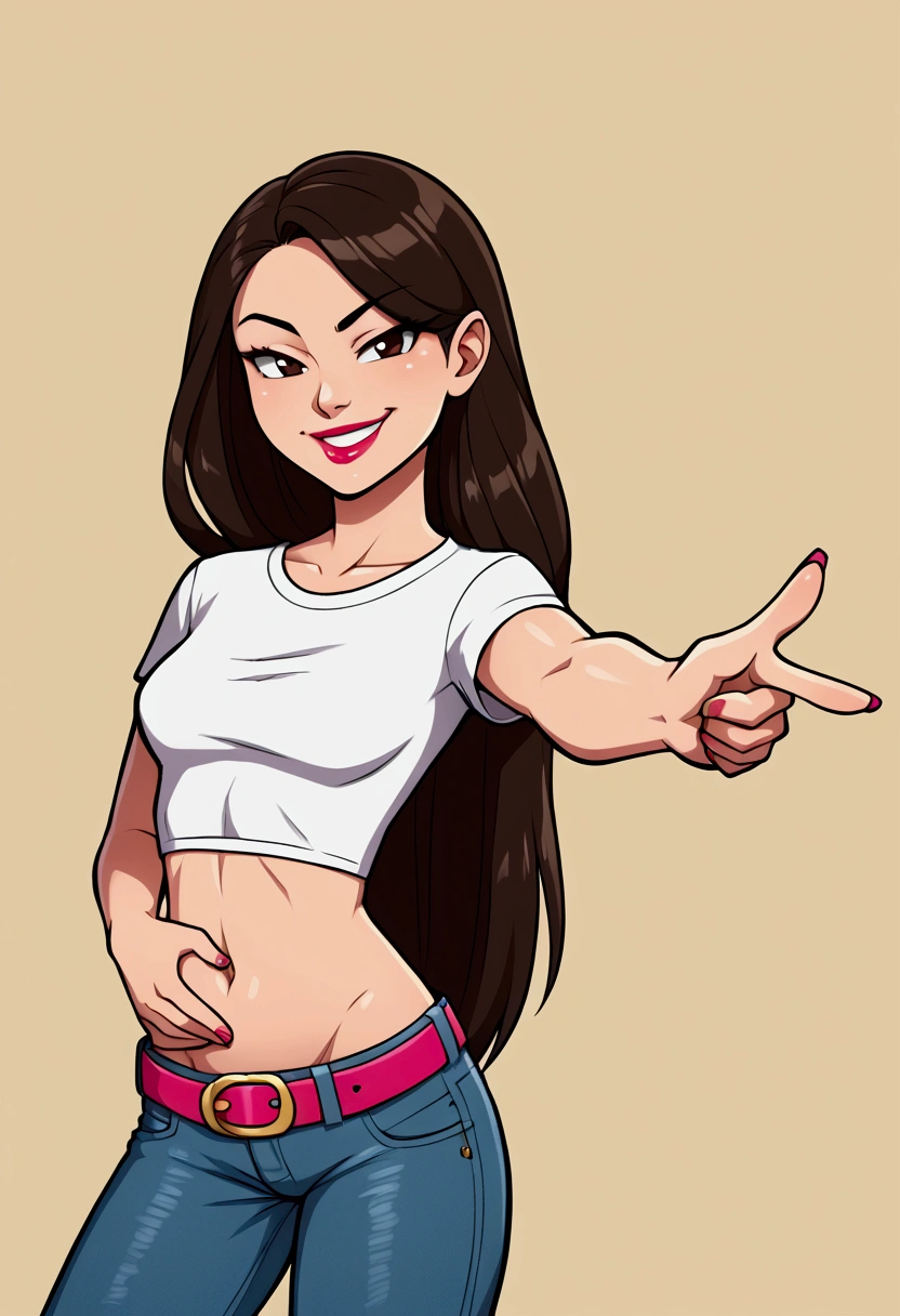 Asian woman, long hair, solo, wearing lipstick, small white t-shirt, crop top, low-rise jeans, belt, midriff, navel, groin, smirk, teeth, pointing at own stomach