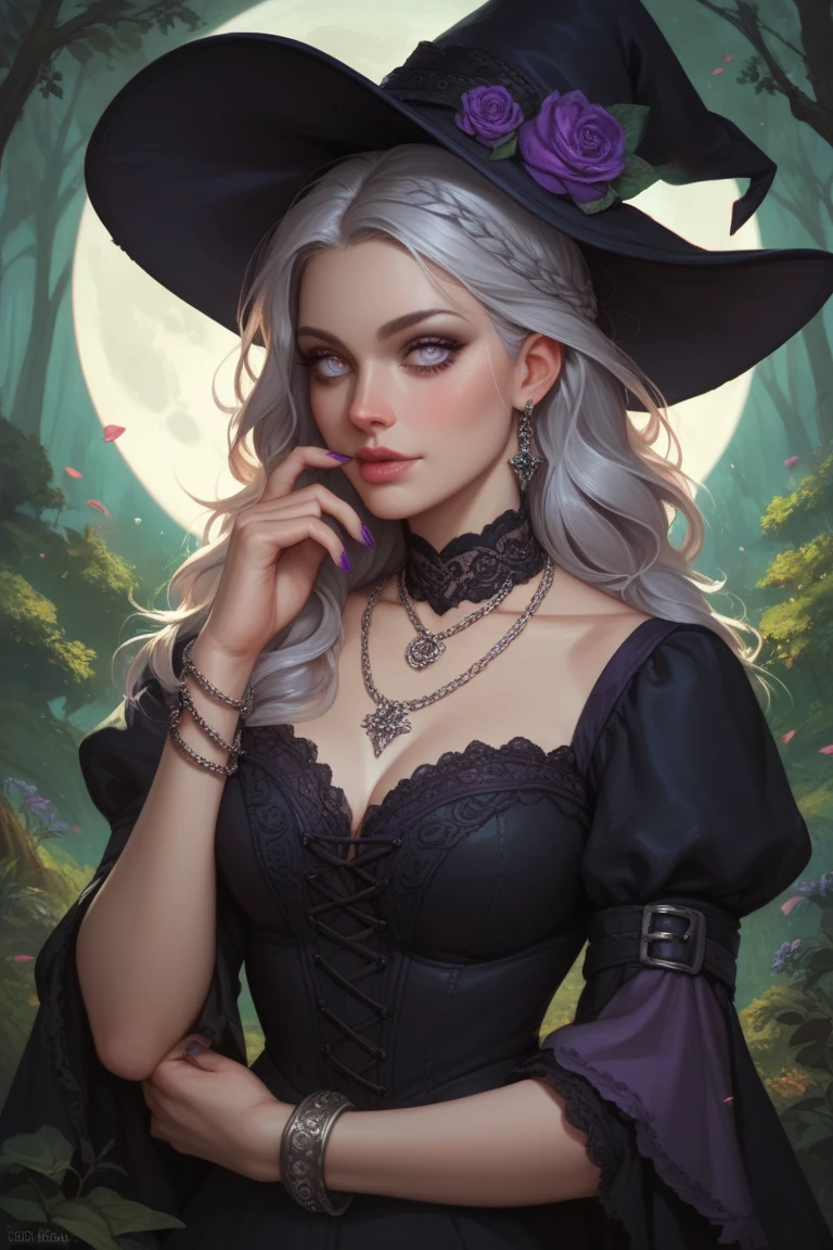 A perfectly beautiful witch in a gothic medieval dress, silver hair, many necklaces, many bracelets, long purple nails, the moon reflecting in her white eyes, the background is a forest in the dark,