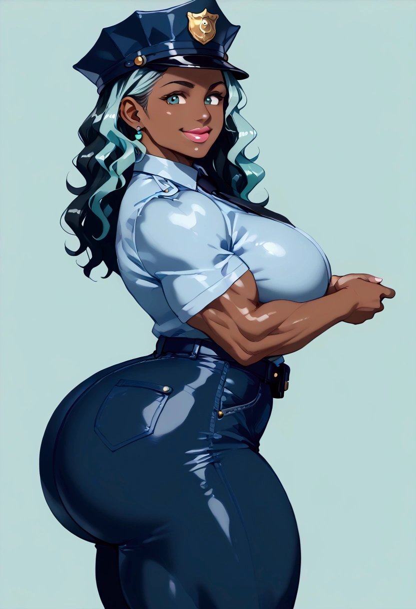 ((masterpiece)),(((ultra high quality))),(illustration,1woman, environment Scene change, (medium wavy hair:1.4),((modern police officer:1.5)), muscular woman with huge breasts, curvy hips, big ass, perfectly round ass, black legs, thick thighs, (dark skin:1.3)scribbles and marks, light blue shirt,tight police jeans ((detailed face:1.1, smiling)), rough sketches, (detailed lips:1.4), pose too, ((black hair:1.2, turquoise highlights:0.25)), (police officer outfit:1.3) , 8k,16k, (simple background, light background: 1.3)