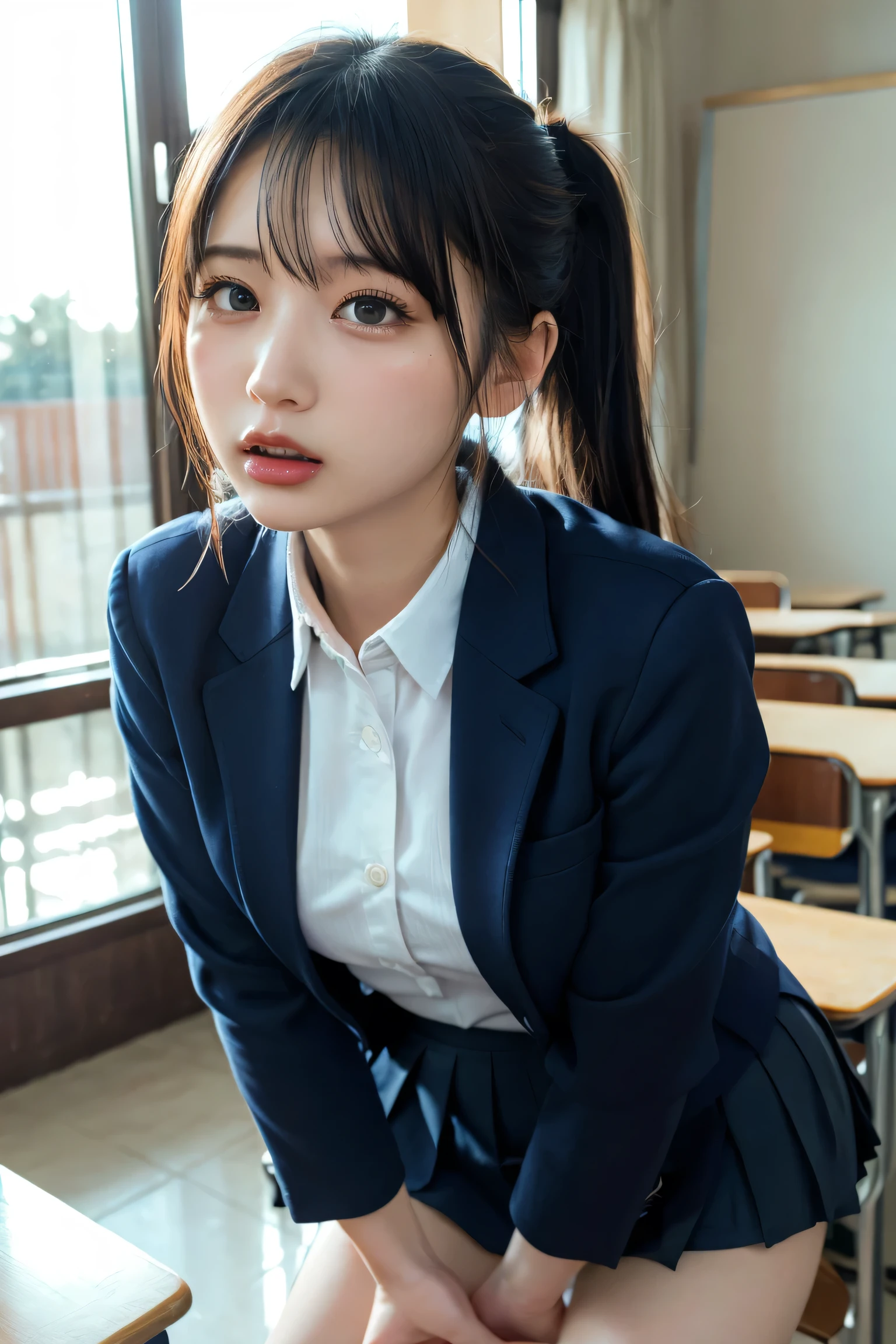 1girl,leaning forward,Perfect hands,(panty pull),school uniform,ponytail,Navy blue blazer,pleated skirt,tongue out,Looking Down and Sleepy,school background,warm sunset lighting,bright and energetic atmosphere,detailed face,beautiful detailed eyes,beautiful detailed lips,extremely detailed eyes and face,long eyelashes,photorealistic,8k,best quality,masterpiece,highly detailed,vibrant colors,cinematic lighting,soft focus