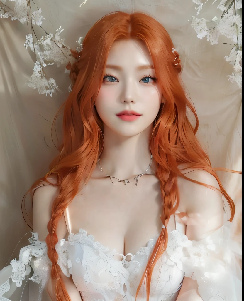 there is a woman with long red hair wearing a white dress, long braided orange red hair, redhead girl, flowing ginger hair, complex redhead braided hair, red head, she is redhead, ginger wavy hair, long ginger hair, long glowing red hair, red haired goddess, beautiful redhead woman, orange braided hair, red hair and attractive features, ginger hair, Yeji Itzy, Hwang Yeji