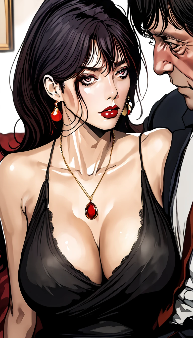 Hot beautiful milf sitting on lap of fat ugly old man lap, pearl Earrings, big saggy breasts ,  black hair,detailed, black  dress,  bedroom ,red lipstick, makeup ,low ponytail hair, necklace , manhwa art style , detailed violet eyes , breasts sucking 