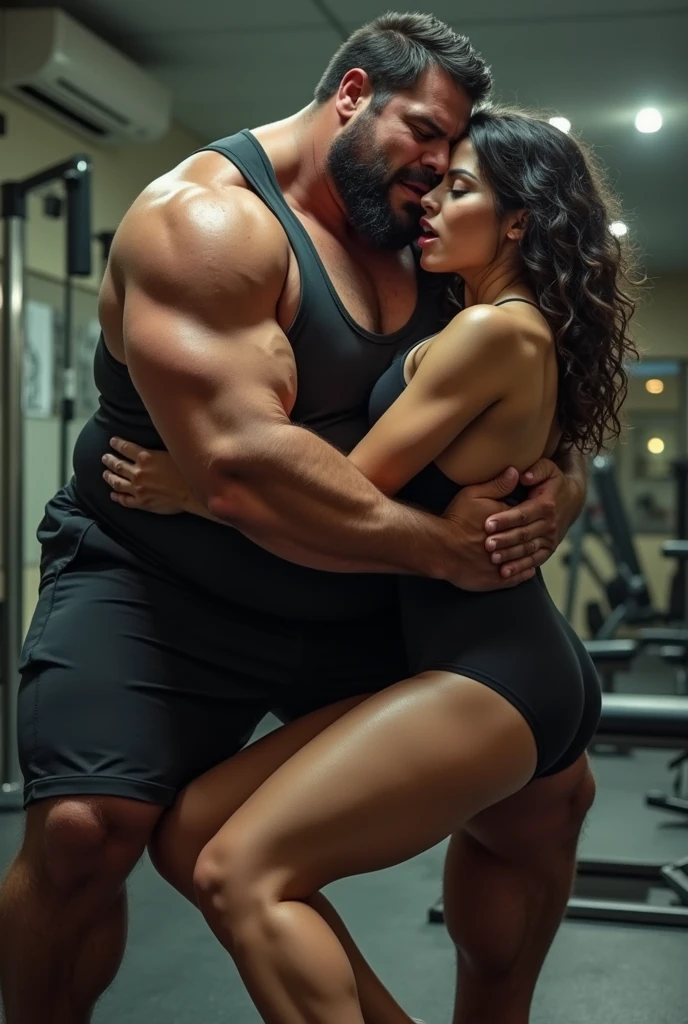 2 person one 40 years old hunk man and one 18 years old girl in one photo, 40 years old Desi beared mascular dark skin jaat with huge wide muscular shoulders, wide chest, abs, masculine wide triceps, arms, biceps, big masculine legs, wide thighs, calfs, black-haired, hair falls on your face, Mesmerizing brown eyes, tight fitting undies, gloves in hand, kissing tounge to tounge with indian girl in gym, indian couple girl man mouth to mouth kissing, seductive 