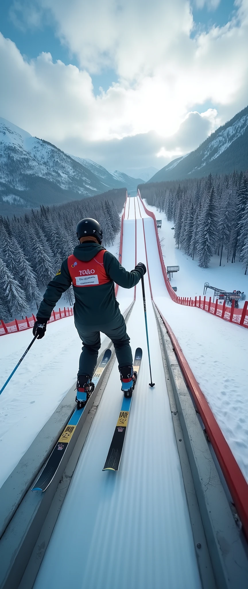 8k、16k,Swoop,Nordic ski jumping, ski jumping platform,Glide,( Athlete's Perspective ),( motion blur :2.0 ),Shot with go pro hero8