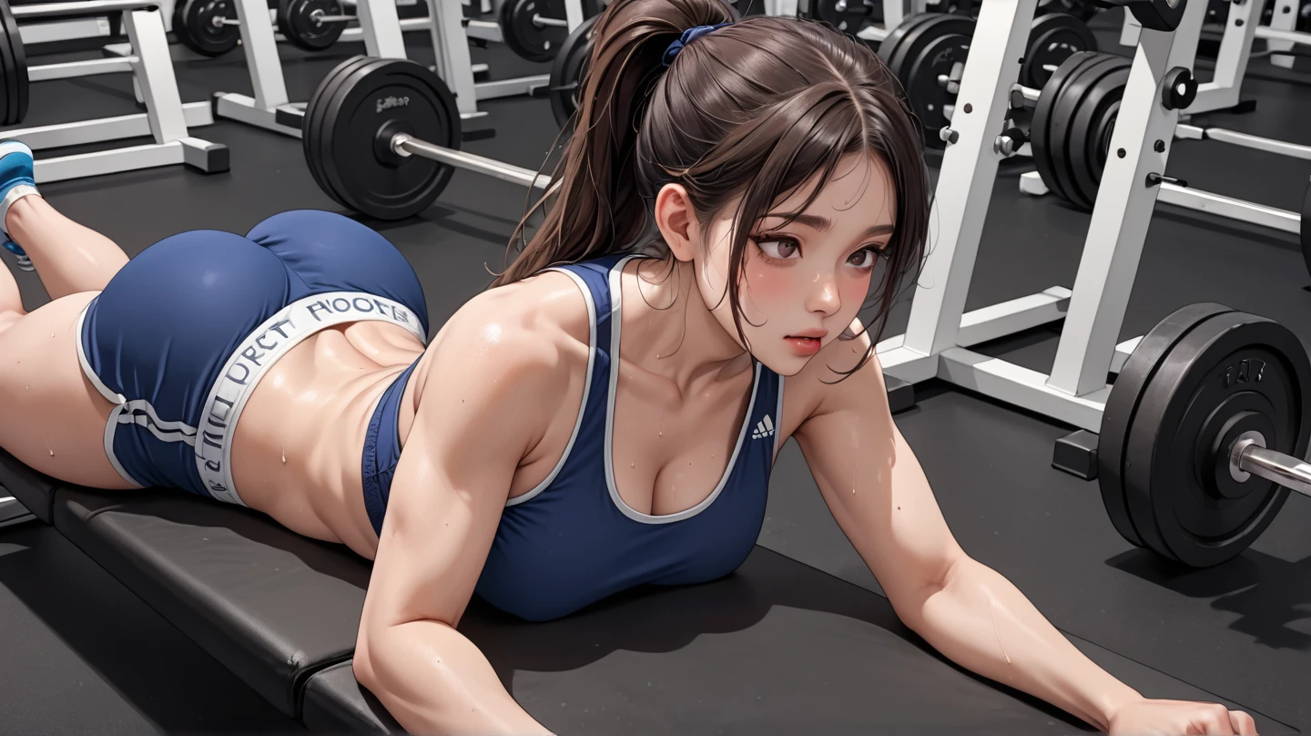 highres, beautiful women, high detail, good lighting, lewd, hentai, (no nudity), ((( silver leotard)), ((bare feet)), , bare midriff, ((wet crotch)), (((peeing herself))), (((wetting herself))), ((((peeing self))), (pee streaming down legs), peeing stain, (puddle), (thick thighs), nice long legs, lipstick, detailed face, pretty face, hair tied up, embarrassed blushing face, humiliated, crying, red face, ((in gym)), hihelz, (view of butt)