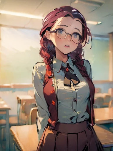 (masterpiece: 2.0), 1women, geek girl, mature, 35 years old, English, open mouth, blush, braids, glasses, medium breasts, blouse, blouse open,  blouse unbuttoned, plaited skirt, upper body shot, classroom 