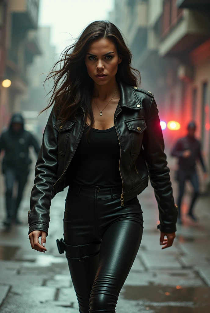 Police movie poster, beautiful woman, medium dark long hair,sunglasses, with big gun in hands, black clothes, rivets, explosions, airplanes, just one body