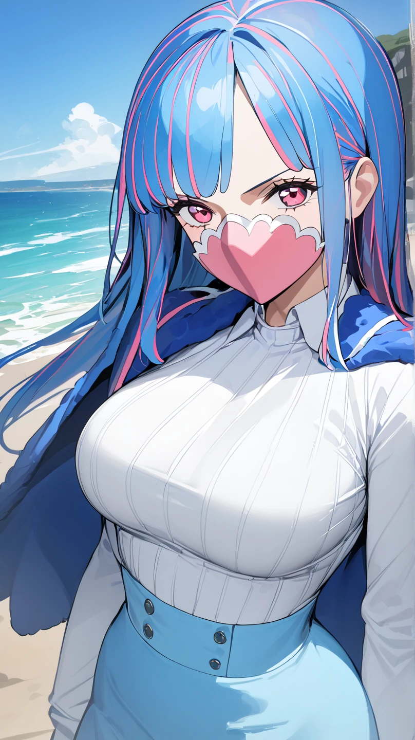  top quality, masterpiece,  high definition , 

 adult ,  long hair,   Multi Colored Hair  ,  blue hair,  , White corner,  pink eye, ,  pink mask,,  Blue Cape ,  Ribbed knit shirt,  white shirt,  Long Sleeve ,  High Waist Skirt ,  blue skirt, 1 girl , solo, Seaside, high angle, slightly larger breasts
