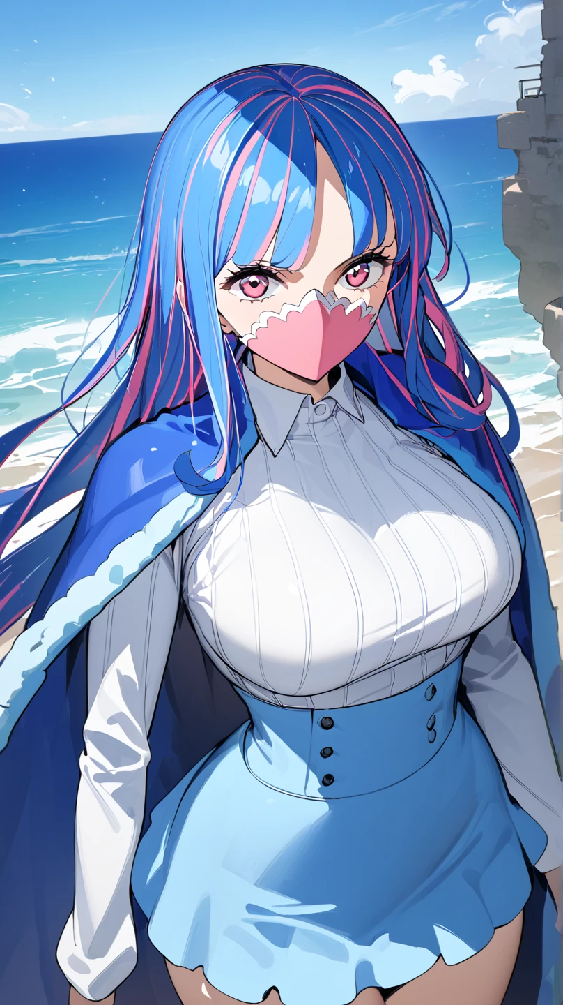  top quality, masterpiece,  high definition , 

 adult ,  long hair,   Multi Colored Hair  ,  blue hair,  , White corner,  pink eye, ,  pink mask,,  Blue Cape ,  Ribbed knit shirt,  white shirt,  Long Sleeve ,  High Waist Skirt ,  blue skirt, 1 girl , solo, Seaside, high angle, slightly larger breasts
