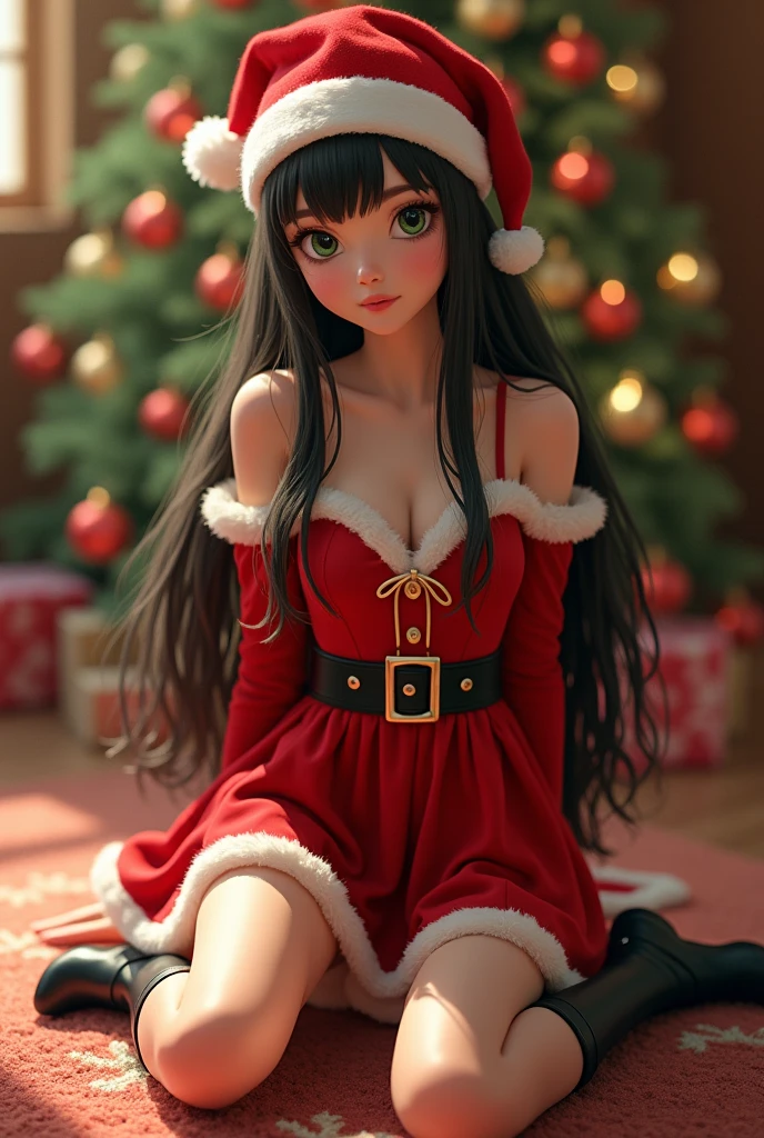 Cute cartoon style girl, tender and sweet. Sitting, dressed in a fluffy dark red sweatshirt with long curly brown hair, Christmas hat with the name "Pri" in the colors rex and lev --auto --s2