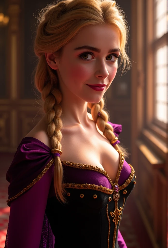 A realistic portrait of Princess Anna of Arendelle, young and beautiful, hyper realistic, real portrait, backlit, exquisite features, cleavage, sexy, seductive, ornate castle interior