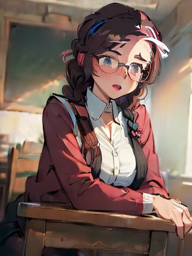 (masterpiece: 2.0), 1women, geek girl, mature, 35 years old, English, open mouth, blush, braids, glasses, medium breasts, blouse, blouse open,  blouse unbuttoned, plaited skirt, upper body shot, classroom 