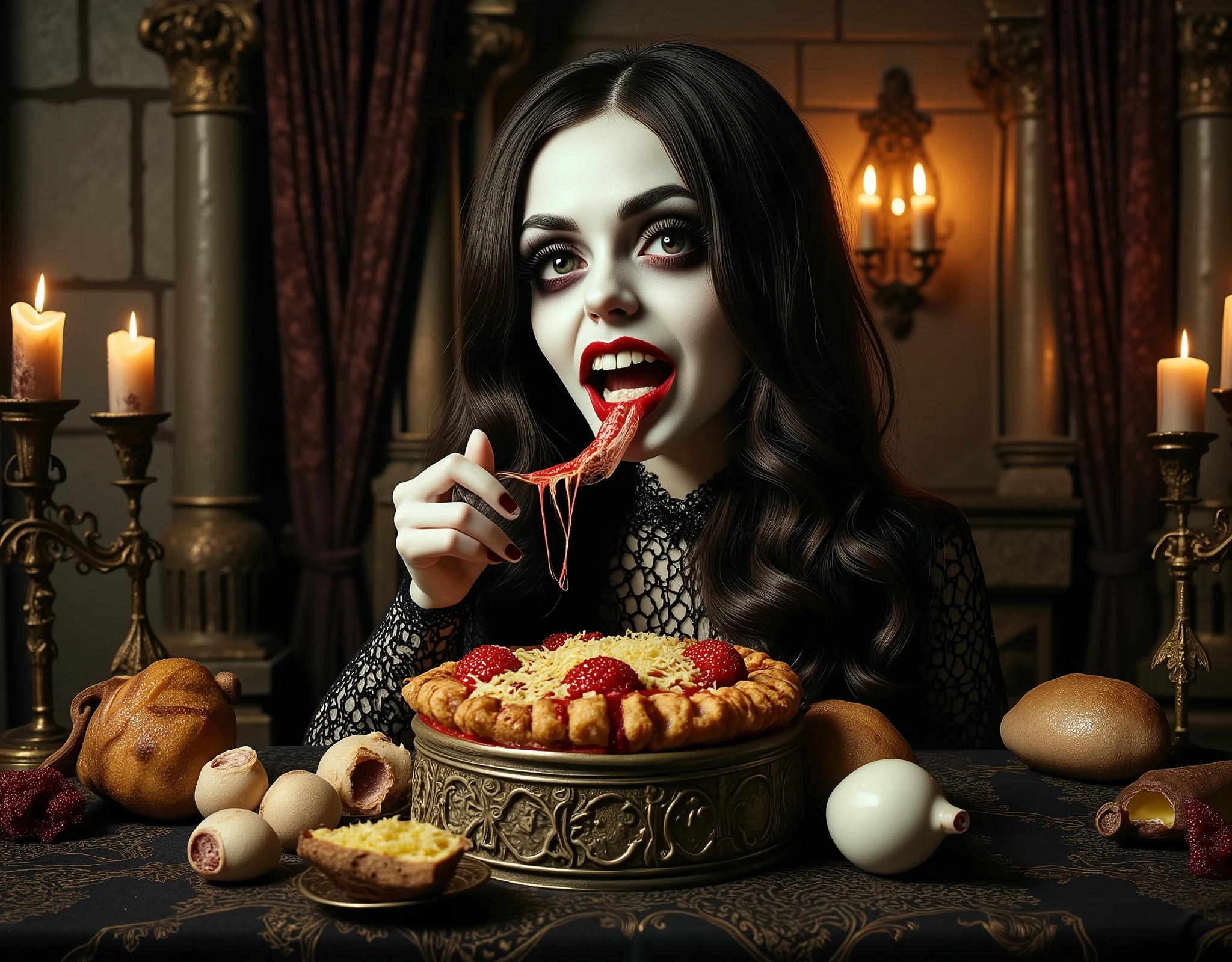 Gothic vampire girl licking melted butter, looking at viewer, at the table in a black velvet linen, stone floors, tapestries, candles, intricate, European horror movie aesthetic, fumetto style, HD, 8x, lurid vivid colors, dark tones, juice flowing over her fingers, down her chin, very pale white skin, dark eyes, mascara, human eye balls and fingers in the pasta, pasta sauce is blood red, table is littered with human body parts, tongues, ears, organs, her teeth are showing