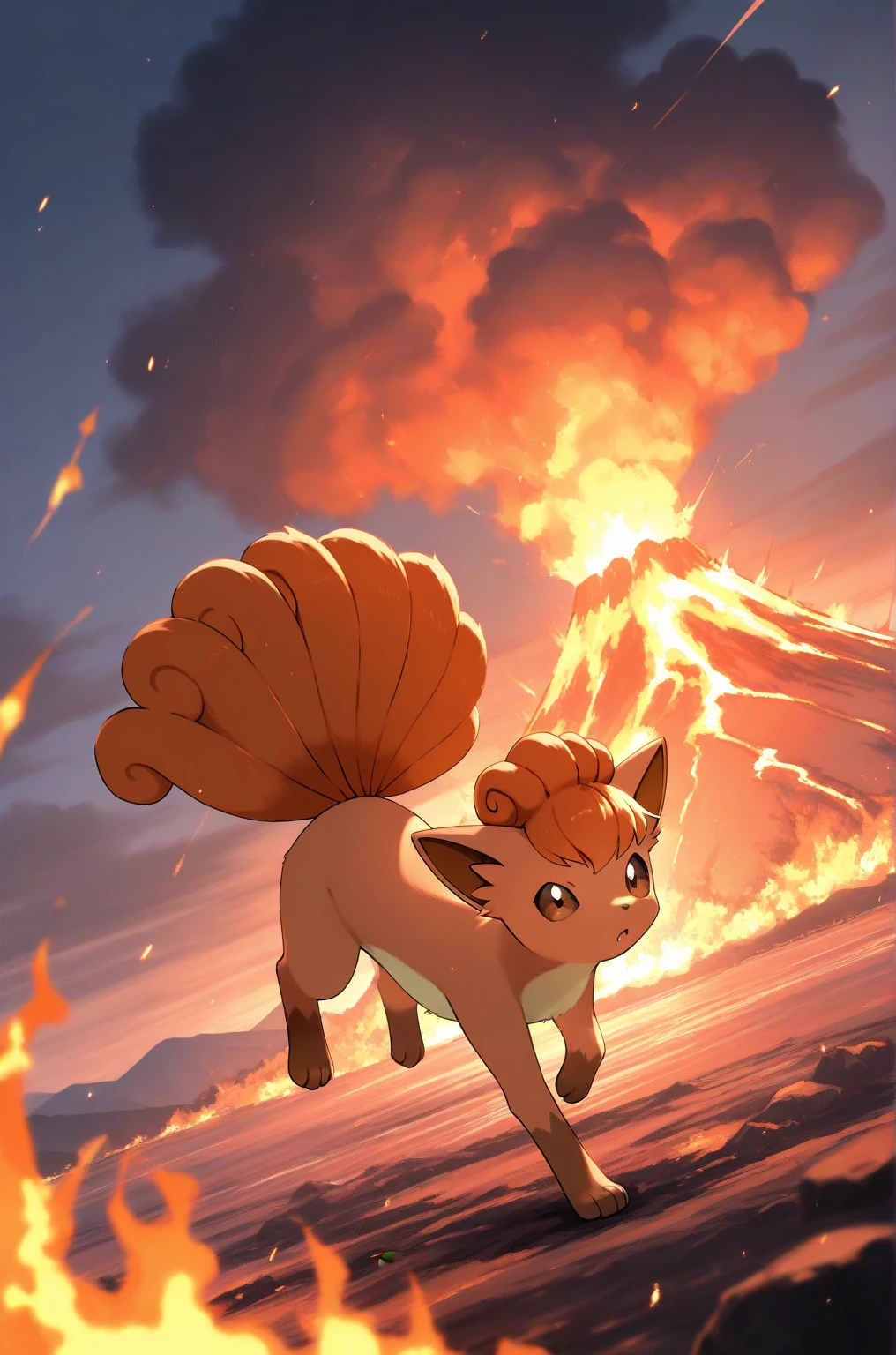 masterpiece, best quality, 2.5D,   dynamic angle, 
Vulpix, pokemon, pokemon_(creature), fire, solo, 
 looking at viewer,volcano, fire storm, 