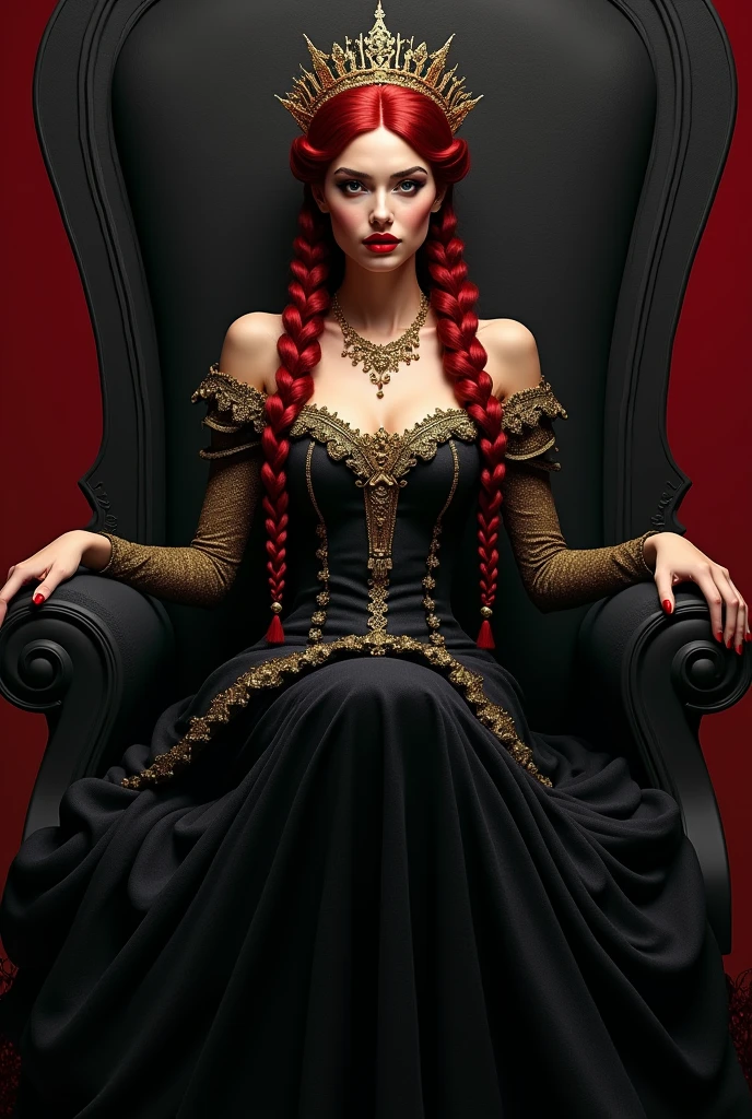 In the dark castle throne room on the huge royal throne in seductive pose siting beatiful demon queen, She have beautiful face with pink eyes rakr eye shadows and dark lipstick sexy make up, golden ring shape earrings on her ponty ears. she have long gorgeous bloody red hair.. dressed in majestic sexy black royal robe with golden metal parts, also she have tattoo all over her body her hands have lonf beautiful nails, (ultra high quality fantasy art, ghothic dark fantasy style, masterpiece, ultra high quality character design, 8k quality anime art, realistic anime art, top quality wallpaper illustration, detailed ultra high quality accurate face, high quality design and accurate physic)