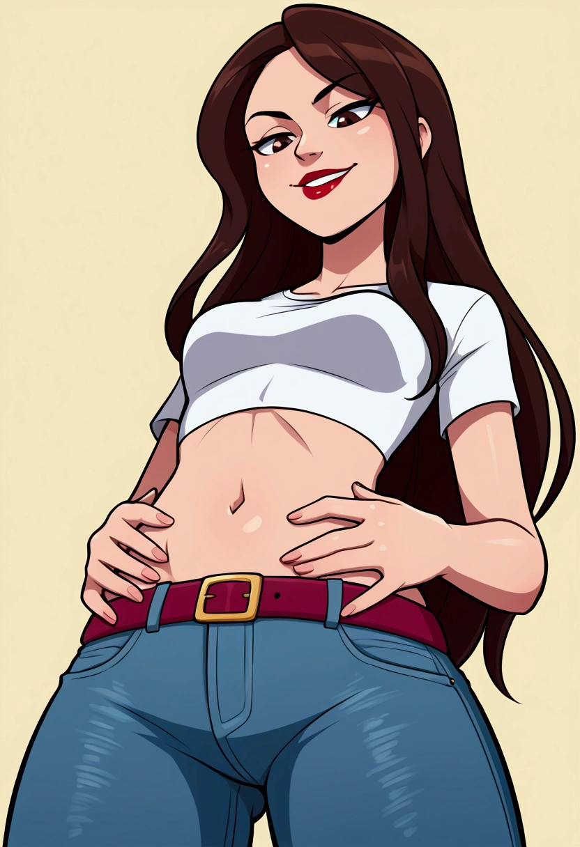 Asian woman, long hair, solo, wearing lipstick, small white t-shirt, crop top, low-rise jeans, belt, midriff, navel, groin, smirk, teeth, looking down, hands on own stomach, from below