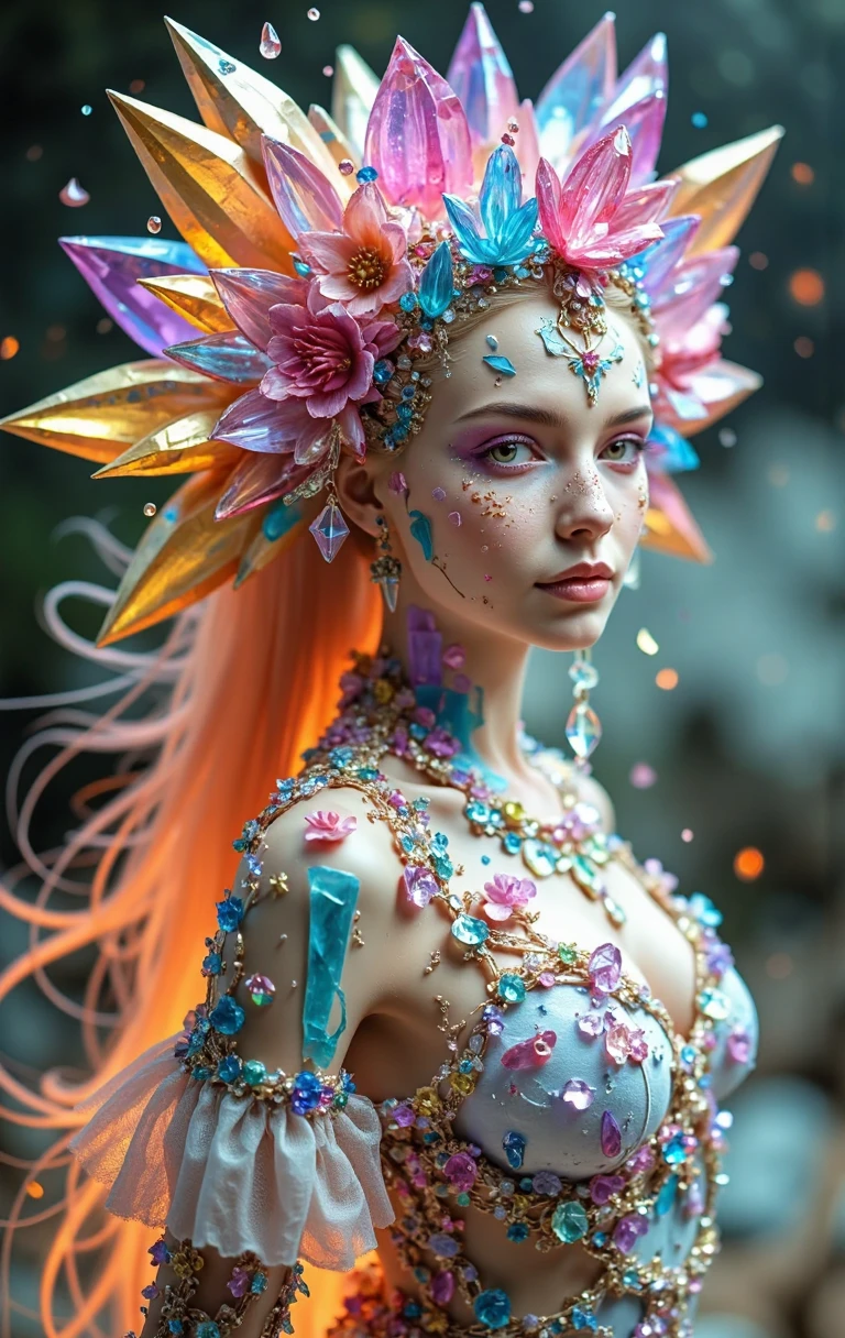 "Escultura de cristal de alta qualidade com Fauna e Flores, Fadas, Ninfas, water, brilho, fantasia, incredible details, obra-prima, melhor qualidade, RTX, 4k, 8k,".