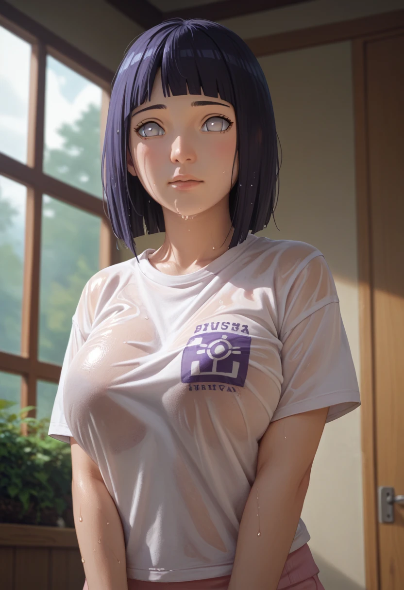 1girl, (Hinata Hyuga), wear a wet transparent t-shirt, big breast, perfect body