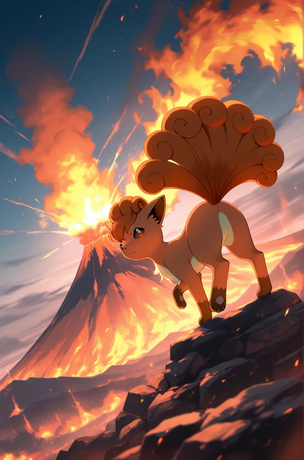 masterpiece, best quality, 2.5D,   dynamic angle, 
Vulpix, pokemon, pokemon_(creature), fire, solo, 
 looking at viewer,volcano, fire storm, action scene