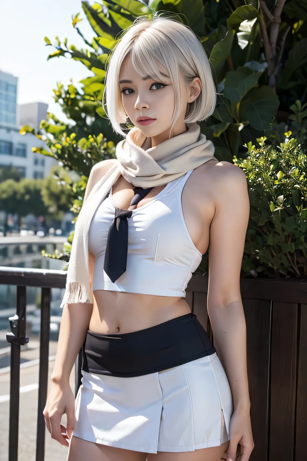 (photorealistic:1.4), best quality, masterpiece, ultra high res, 1girl, (detailed face:1.2), (detailed eyes:1.2), (detailed hair:1.2), (detailed clothes:1.2), 4k, (detailed color:1.2), Ultra detail texture, ulta detail, ultra hight, realistic, 16k, selena (/mobile legends bang-bang/), perfect body, bobs, full body, 1 woman, bokeh, detail eyes, detail face, White hair, scarf, white Mini Skirt,
