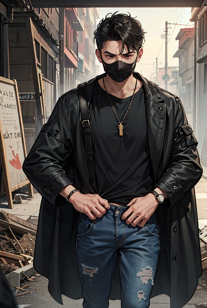 a boy, man, 25 years, smooth face, roasted fine. frown, Focus on the eyes ,  wild blue eyes . dark clothes,  black mask covering mouth and nose ,  slightly messy black hair ,  black clothes , overcoat black, Loose black shirt, And wear ripped black jeans .  Giant angel wings covering the sides to protect the body and taking over the scenery. scenario:  with no people around.  An abandoned military training camp .  Perspective as if they were looking down at you . powerful aura. whole body.

five fingers, well dressed,  Penetrating look , eyes aligned, beautiful eyes,  perfect eyes.