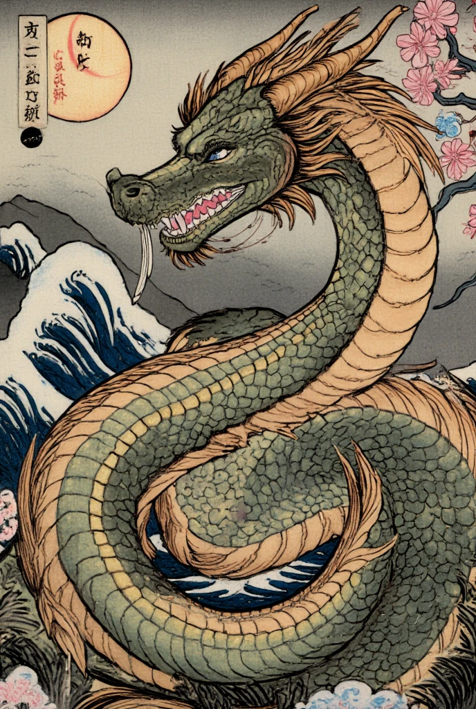 A majestic Japanese dragon coiled in an elegant and powerful pose, surrounded by a traditional Japanese backdrop. The dragon has intricate scales shimmering in shades of deep green and gold, with sharp, piercing eyes and flowing whiskers. The background features a misty mountain landscape with cherry blossoms and a moonlit sky. Add elements of traditional Japanese art, such as stylized clouds and a wave motif reminiscent of Ukiyo-e. The overall atmosphere is dramatic and awe-inspiring, with rich textures and bold contrasts.