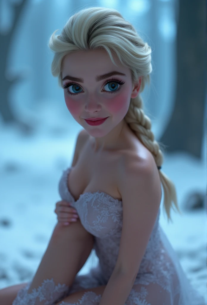 Elsa, (perky breasts), (((small breasts))), smirk:1.2, beautiful blue eyes, (perfect blue iris’s), depth of colour to her eyes, blonde hair, long hair, braid, full lips, blush, naked, she is showing her vagina, depth of field, bokeh, (special attention to skin detail: 1.2), masterpiece, best quality, ultra-detailed, ultra-HD, photorealistic, cinematic, ((mid camera shot)), sensual pose, alluring, nipples:1.4, looking up at camera, closeup on her face, her cheeks are blushed, 2, she is on her knees, eye contact:1.4, high angle:1.5, ((closeup on face)), perfect face, (((visible breasts))) bokeh everything other than her perfect face, location is Arendelle in winter, ice castle