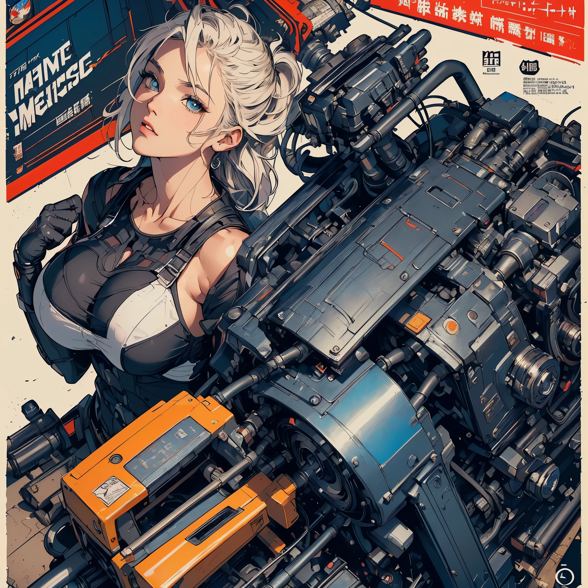 Girl with tuning car,bandana,tokio in background,angarage as shirt text,angarage text