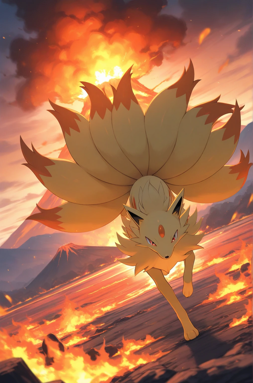 masterpiece, best quality, 2.5D,   dynamic angle, 
ninetails, pokemon, pokemon_(creature), fire, solo, 
 looking at viewer,volcano, fire storm, action scene