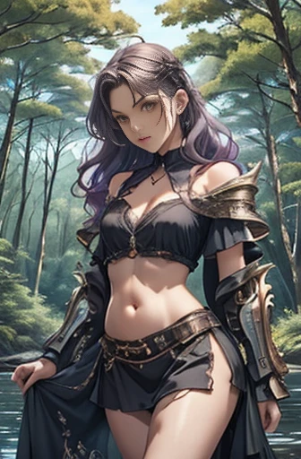  top quality　Woman with long beautiful light purple hair (Mid-chest、 slim)　white mechanical armor( Sleeveless、 off shoulder、 deep v-neck、My chest is showing、 belly button out、Exposed thighs)、 dark fantasy 、Lakeside in the forest at night