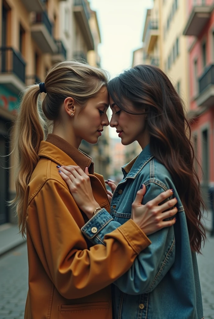 (Highest quality、4K、8k、High resolution、masterpiece:1.2)、Very detailed、(Genuine、Realistic、Realistic:1.3)、Two Nordic women、Stylish lighting、Kissing on a street corner、(hairstyle:random)、(haircolor:random)、Finnish, Norwegian, Swedish、Danish、Icelandic