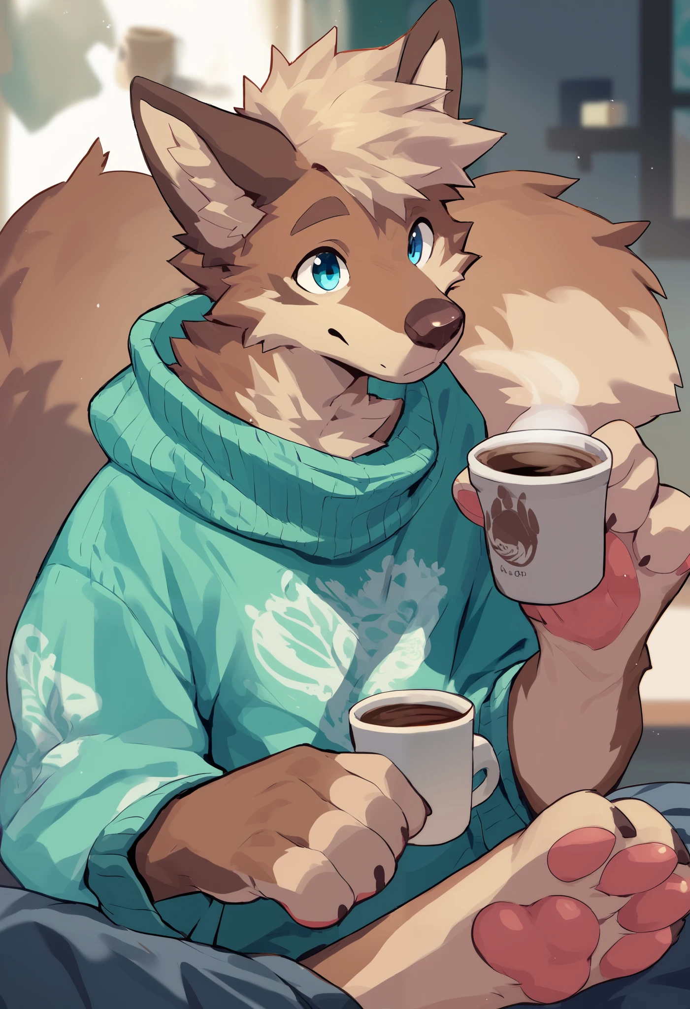 a brown wolf with complexly patterned fur, fur colors are all brown and beige, blue eyes, cute, wearing an oversized v cut sweater, paws, fluffy, large tail, messy hair, male, background is a bedroom, detail, pink paw pads, perfect anatomy, coffee colors