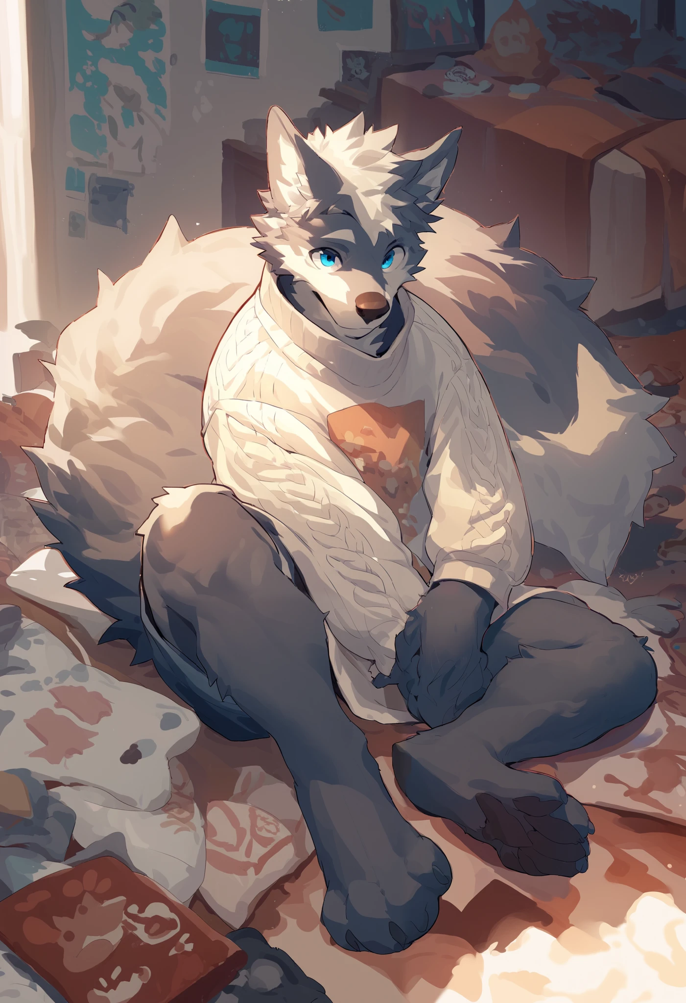 a wolf with complexly patterned fur, fur colors are all brown and beige, blue eyes, cute, wearing an oversized v cut sweater, paws, fluffy, large tail, messy hair, male, background is a bedroom, detail