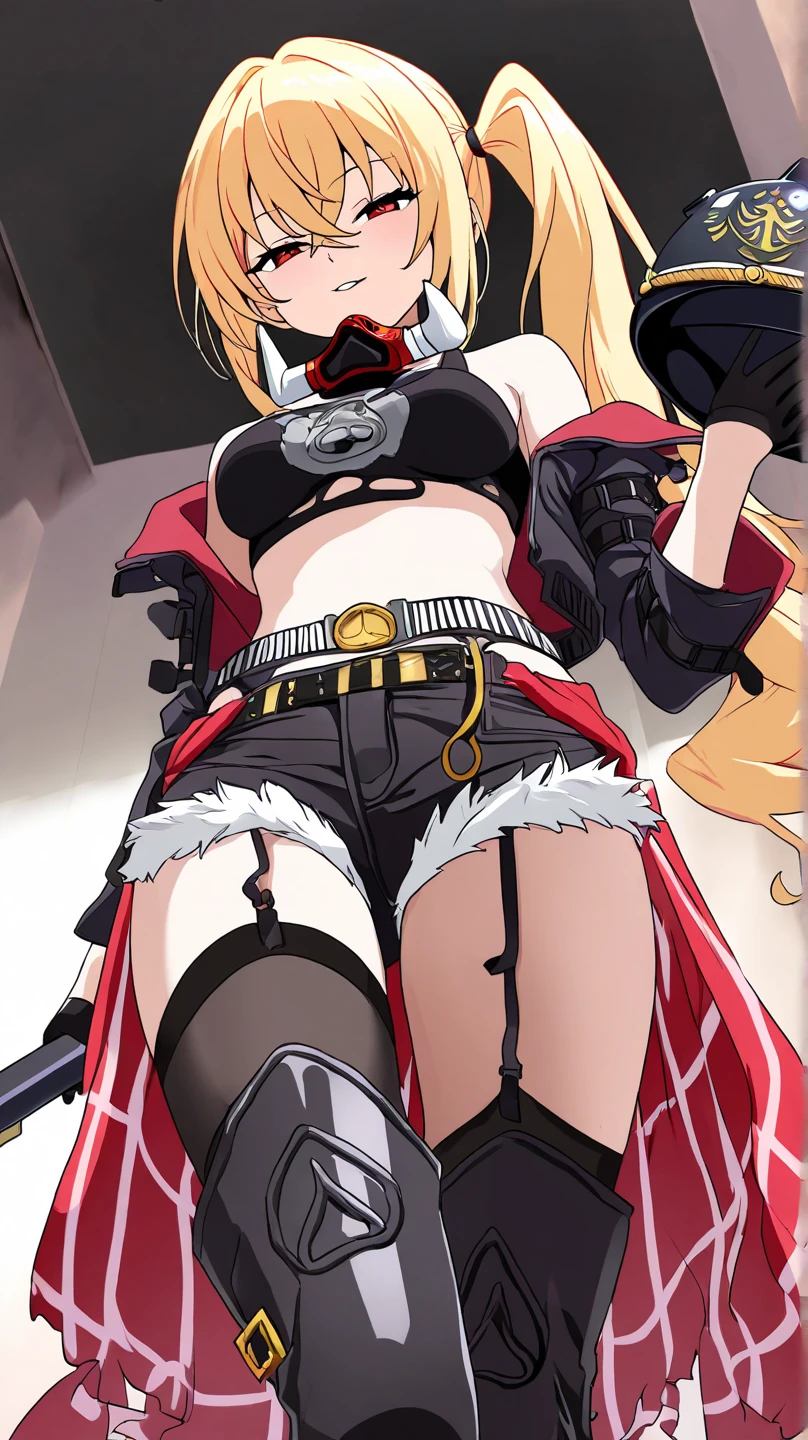 long hair, side ponytail, blonde hair, red eyes, jewelry, helmet, tank top, jacket, Mask Around Neck, belt, shorts, boots, waist cape, high heels,from_below, looking_at_viewer,put_hand_foward,open_jacket,black_bra, underwear

, score_8_up, score_7_up, source_anime, expressiveh, 1girl, hair between eyes, half-closed eyes,  ((seductive face)), character focus, looking at the viewer, holding, cowboy shot, brothel, from below, good anatomy, correct anatomy, garter belt, thigh high socks,(bare shoulder),