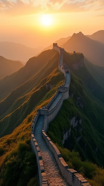 A sweeping aerial view of the Great Wall snaking over mountainous terrain under a golden sunrise