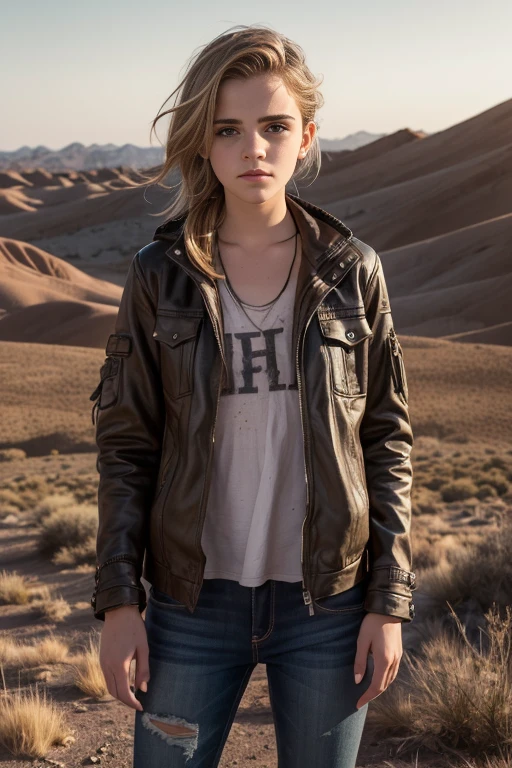 full body shot, Masterpiece, Transitioning to a desert landscape at sunset, a lone figure, a beautiful American teenage girl (Emma Watson) emerges wearing post apocalyptic nomadic clothes, no jacket or coat, very white skin, blonde hair, blue-grey eyes, freckles on face, slim running body, small breasts, very detailed face, ultra realistic face, clean but tired face, very beautiful face, post-apocalyptic clothing, layers of tattered fabric, unconventional accessories, and a weathered look create an aura of survival and resilience, 16K, ultra high res.photorealistic, UHD, RAW, DSLR