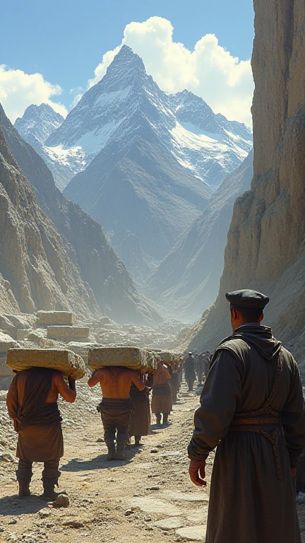 A scene of laborers carrying heavy stones and compacting earth under the watchful eyes of overseers, with dramatic mountain backdrops