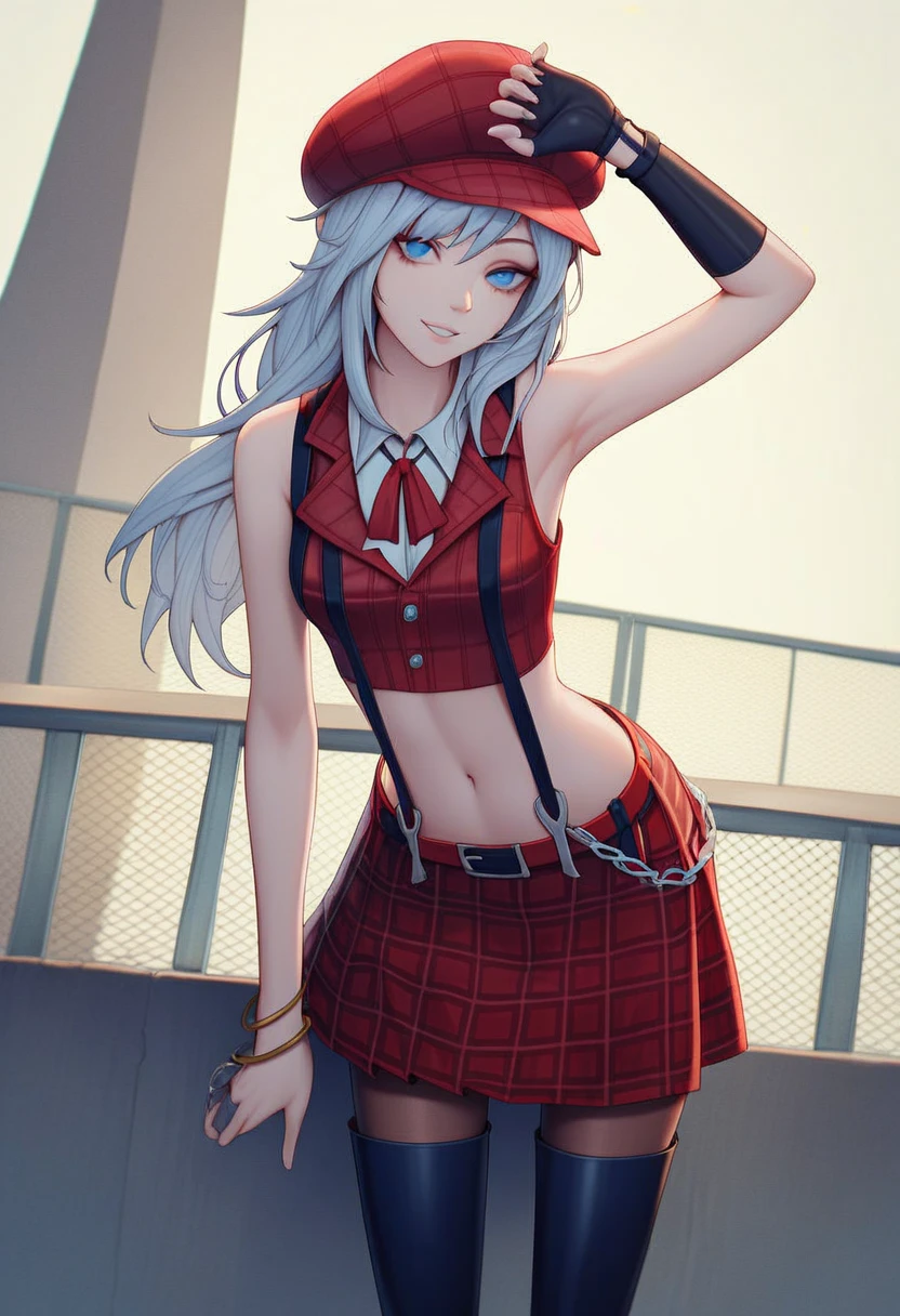 masterpiece,best quality, alisage, 1girl, anime coloring, solo, long hair, white grey hair, blue eyes, cabbie hat,collared sleeveless cropped vest, red ge bracelet, alisa suspenders slip skirt, neck x ribbon, pantyhose, asymmetrical fingerless gloves, single elbow glove,red skirt, plaid skirt,leaning forward, midriff, navel, thigh boots, skirt grab,looking at viewer, light smile, parted lips,  standing, dark,cowboy shot, rooftop, chain-link fence, arm up , showing armpit