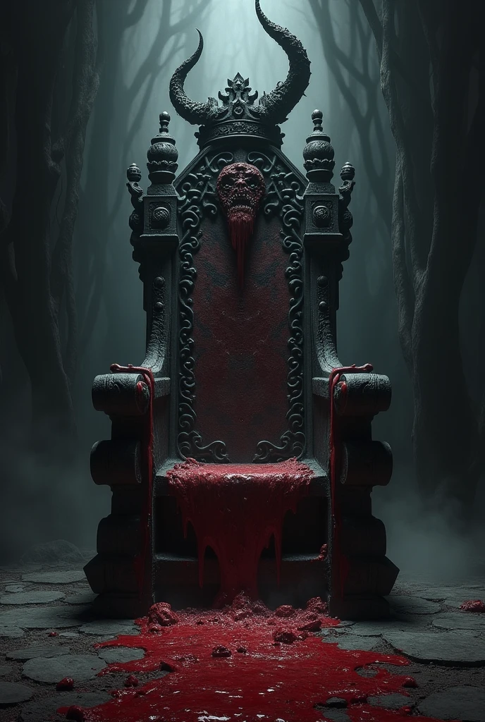 A throne made of human bones, from front shot, with blood on the seat. En dessin.