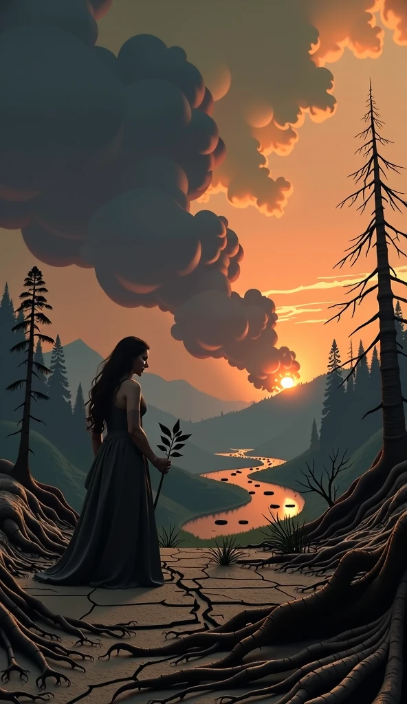 A post-apocalyptic scene symbolizing the destruction of nature and the impact of humankind on the planet. In the background, a dark, heavy sky tinged with red and orange, with clouds of smoke rising from burning forests. In the foreground, charred and broken trees with exposed roots on cracked, lifeless ground. Blackened rivers of oil and pollution flow slowly, reflecting the glow of the flames. At the center, an ethereal female figure (representing nature), dressed in torn white garments, kneeling and holding a withered plant in her hands, tears streaming down her face. Beside her, a shadowy male figure in rusted armor holding a burning torch, symbolizing human greed and destruction. The contrast between the aggressive fire and the last remnants of life is evident. The atmosphere is heavy, dramatic, and full of symbolism, with dark tones and detailed textures to create a sense of despair and urgency. Highly detailed artwork in a dark fantasy style, with dynamic lighting and realistic 