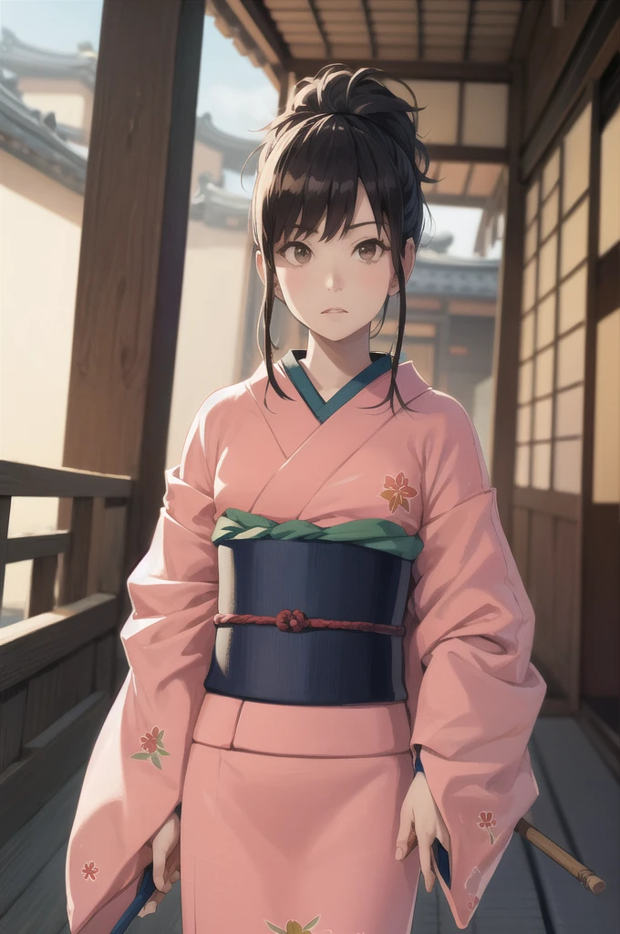 shimura tae ,  pink kimono , band,  floral print ,  sandals
masterpieces,  top quality,  absurd, Japanese Dojo, Japanese architecture,  upper body,  watching viewers, anger,  holding , arms,  holding  arms,  holding  spear, spear,chest,