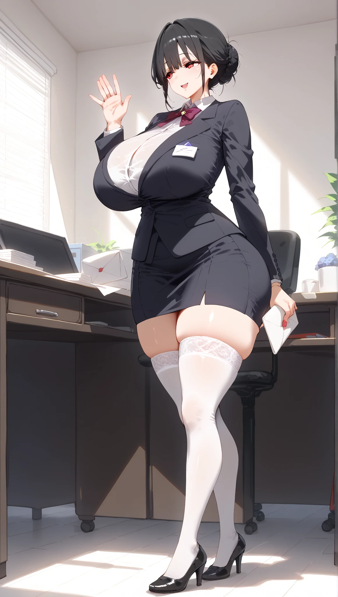 (perfect body),highest quality,(8K portrait),(official art)、(NSFW)、embarrassing、((:d))、(((surprised)))、(((blush))),(Sweat),huge breasts、(((big ass)))、(brown hair),((short hair))、((amount))、((parted bangs)), (eyes are brown)、(brown eyes),(((thick thighs)))、((Light Blue Bra))、((white blouse))、((black pencil skirt))、office lady、black jacket、((locker room))、hands behind body、(View from the front)