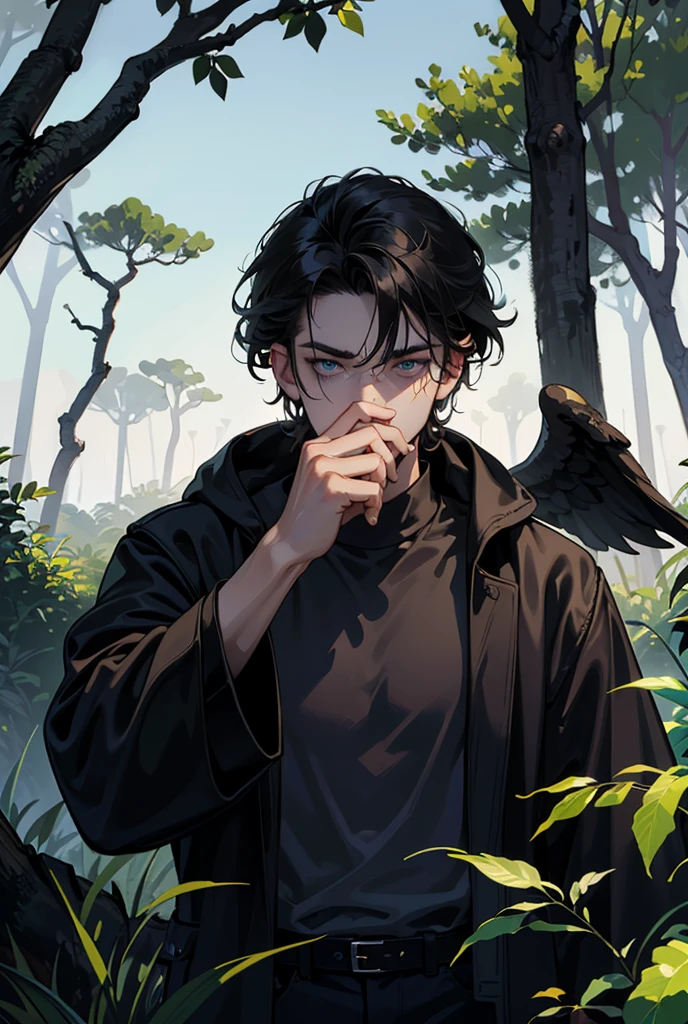 a boy, man, 25 years, smooth face, roasted fine. frown, Focus on the eyes ,  wild blue eyes . dark clothes,  mask covering mouth and nose ,  slightly messy black hair ,  black clothes , overcoat black, Loose black shirt, And wear ripped black jeans .  Giant angel wings covering the sides to protect the body and taking over the scenery. scenario:  with no people around.  An abandoned military training camp ,  with no one, Forest growing .  Perspective as if they were looking at it from below. powerful aura.

five fingers, well dressed,  Penetrating look , eyes aligned, beautiful eyes, olhos  s.  in a serious face,  .