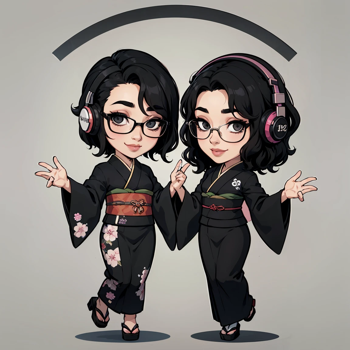 Japanese man wearing black suit and Japanese woman wearing black Japanese-kimono, one person, black wavy hair, semi-short hair, wearing glasses, Front facing, gaming headset, full body image, icon, smiling, chibi, kawaii