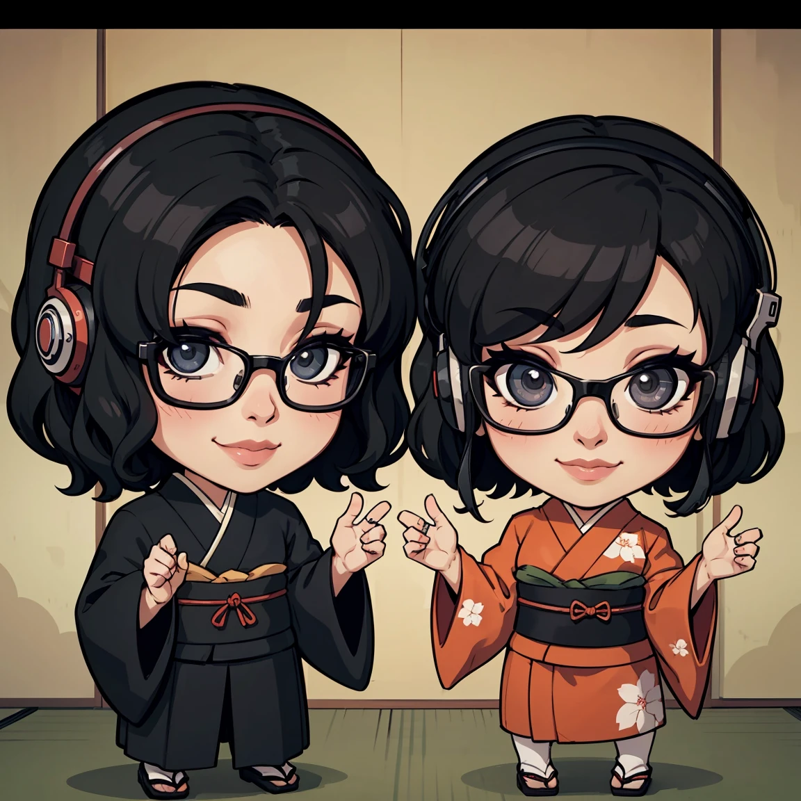 Japanese man wearing black suit and Japanese woman wearing black Japanese-kimono, one person, black wavy hair, semi-short hair, wearing glasses, Front facing, gaming headset, full body image, icon, smiling, chibi, kawaii