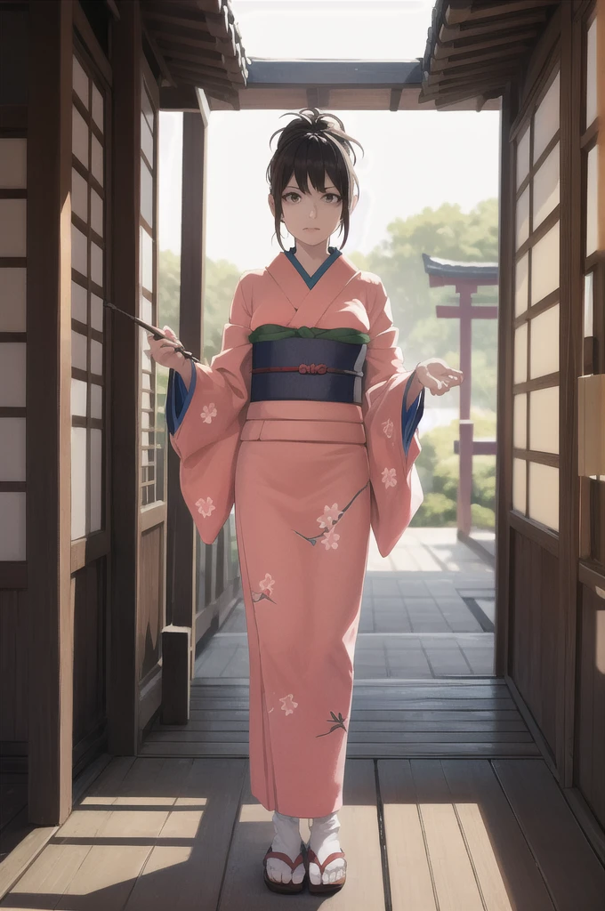 shimura tae ,  pink kimono , band,  floral print ,  sandals
masterpieces,  top quality,  absurd, Japanese Dojo, Japanese architecture,  upper body,  watching viewers, anger,  holding , arms,  holding  arms,  holding  spear, spear, big breasts,