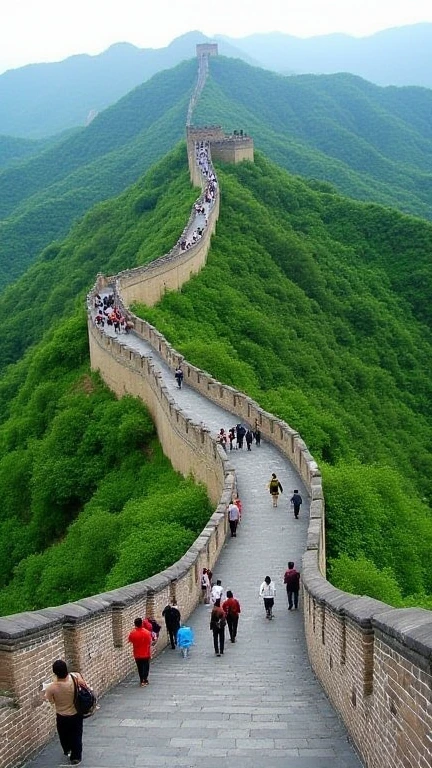 The Great Wall today, winding through lush green mountains, with tourists walking along its ancient pathways